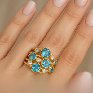 Gold plated ring size 10 with Blue Zircon and white Swarovski crystals NWT